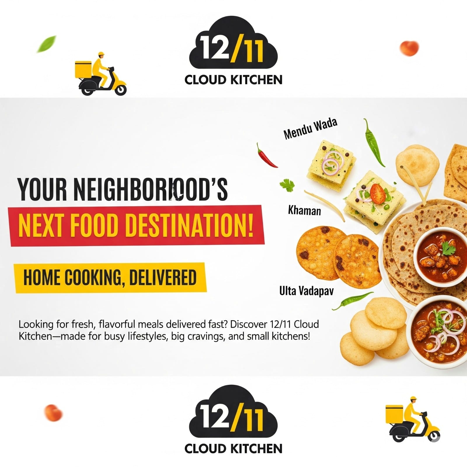 Delicious homemade Indian snacks menu from 12/11 Cloud Kitchen featuring Vada Pav, Dhokla, Bhajiya and more authentic traditional food